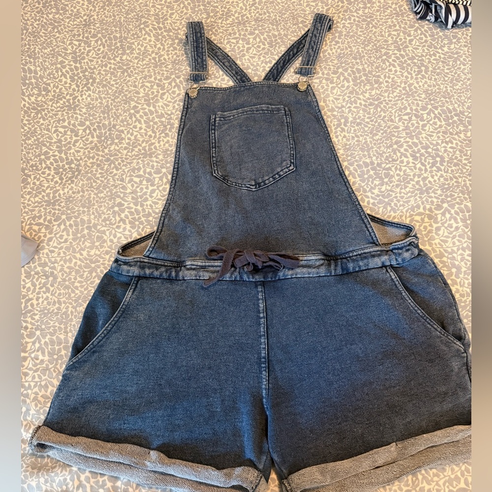 Z Supply Denim Wash Shorts Overalls Cotton Knit Drawstring Shortalls Size XL